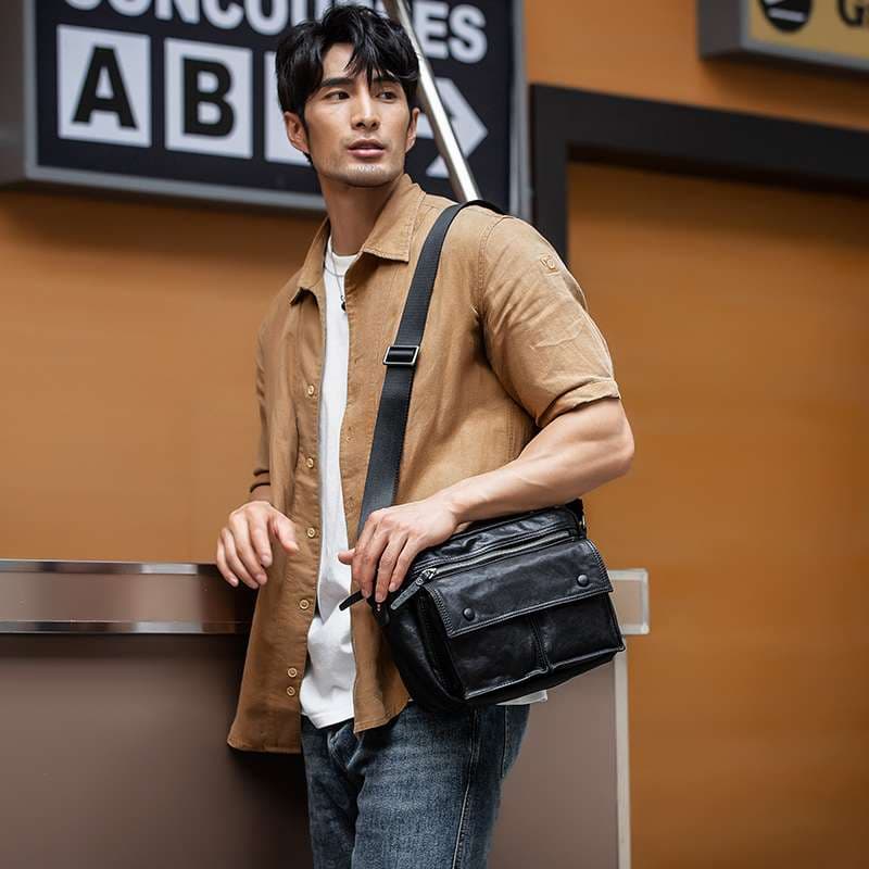 レザーバッグ 多機能ポケット付きショルダーバッグ